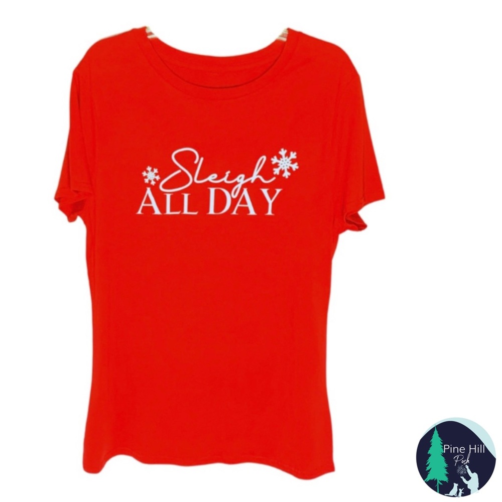 NWT Christmas T-Shirt Holiday Tee Womens Small * Red Ana Cabana Sleigh All Day